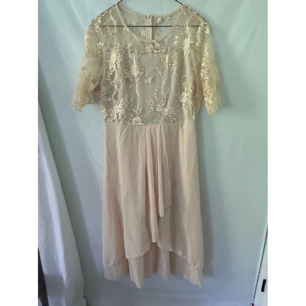 Womens Blush Pink Floral Lace High-Low Cocktail Dress Short Sleeve Size L